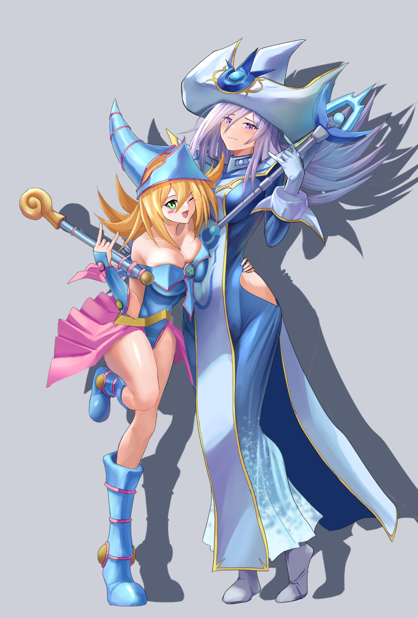 2girls absurdres arm_around_waist blonde_hair blue_dress blue_footwear blue_hat blush breasts cleavage dark_magician_girl dress duel_monster green_eyes grey_background grey_hair hat highres hip_vent holding holding_staff lom_(lom_lom_8) long_hair looking_at_viewer multiple_girls one_eye_closed open_mouth purple_eyes showgirl_skirt silent_magician simple_background smile staff white_footwear white_hat wizard_hat yu-gi-oh!