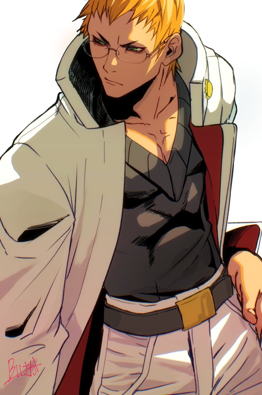 1boy belt belt_buckle black_belt black_sweater_vest buckle burning_isaka closed_mouth coat collarbone collared_coat commentary cowboy_shot glasses green_eyes hand_on_own_hip highres justice_gakuen kagami_kyousuke long_coat looking_to_the_side male_focus orange_hair pants rimless_eyewear signature simple_background solo sweater_vest two-sided_coat two-sided_fabric white_background white_coat white_pants