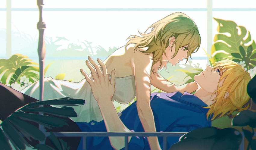 1boy 1girl black_pants blonde_hair blue_eyes blue_shirt breasts couple dimitri_alexandre_blaiddyd dimitri_alexandre_blaiddyd_(timeskip) dress female_byleth_(awakened)_(fire_emblem) female_byleth_(fire_emblem) fire_emblem fire_emblem:_three_houses from_side green_eyes green_hair hetero highres kyounatsuuu lying medium_breasts nintendo on_back pants shirt smile white_dress