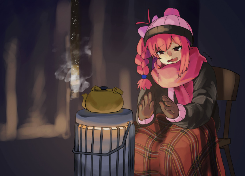 1girl beanie black_jacket blanket braid brown_gloves cold commentary_request cookie_(touhou) feet_out_of_frame gloves hair_between_eyes hat highres jacket kerosene_heater leftame long_hair one_side_up open_mouth pink_hair pink_hat pink_scarf plaid_blanket red_eyes sasorihime_(cookie) scarf sidelocks single_braid sitting solo steam teapot trembling wooden_chair