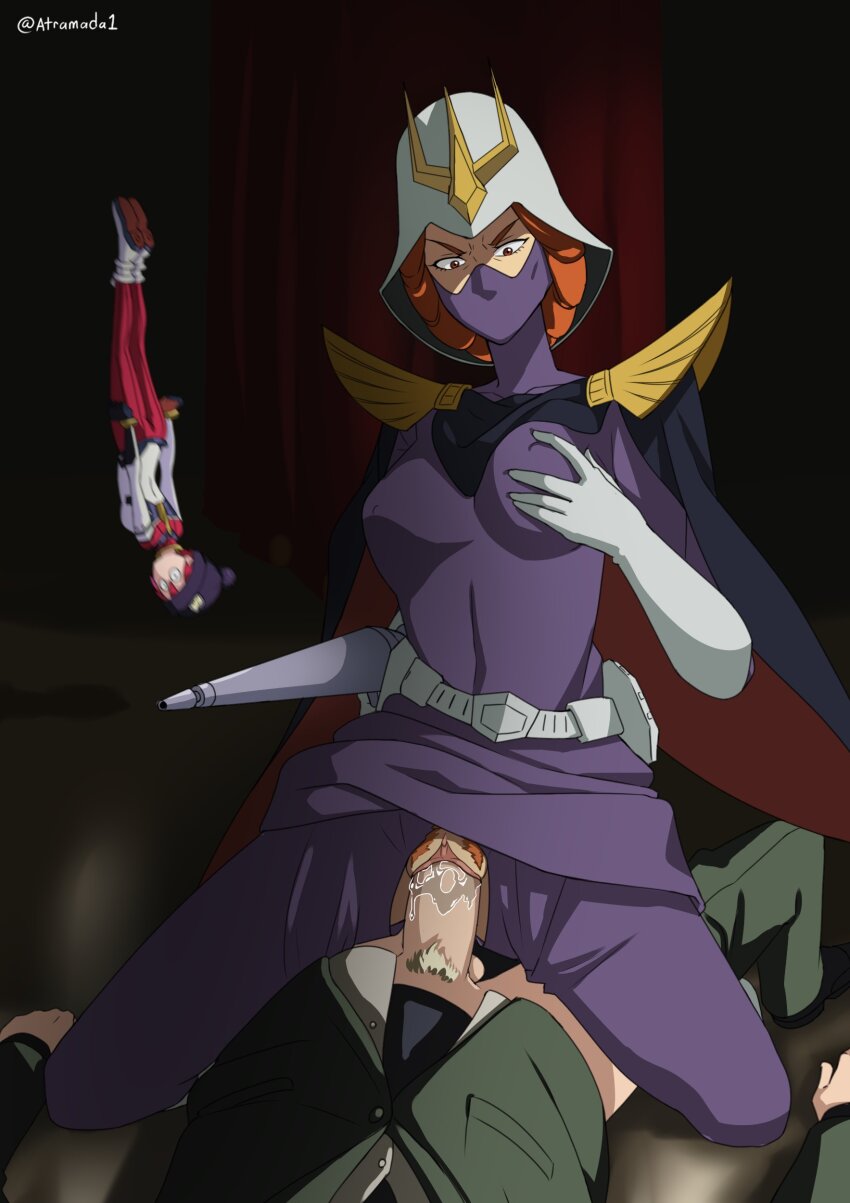 &gt;:) 1boy 2girls absurdres amate_yuzuriha assertive_female atramada beanie belt blonde_hair bodysuit breasts business_suit cape char_aznable cheekbones clothes_pull commission commissioner_upload covered_erect_nipples cowgirl_position falling female_pubic_hair formal_clothes girl_on_top gloves grabbing_own_breast gun gundam gundam_gquuuuuux hair_up hat helmet hetero highres holding holding_gun holding_weapon jacket kycilia_zabi male_pubic_hair mask mecha_pilot_suit military_uniform mobile_suit_gundam motion_blur mouth_mask multicolored_bodysuit multiple_girls pants pants_pull penis pubic_hair pubic_hair_peek purple_mask pussy pussy_juice red_hair sex shoulder_pads spread_legs straddling suit suit_jacket testicles torn_clothes torn_pants upside-down v-shaped_eyebrows vaginal weapon wide-eyed