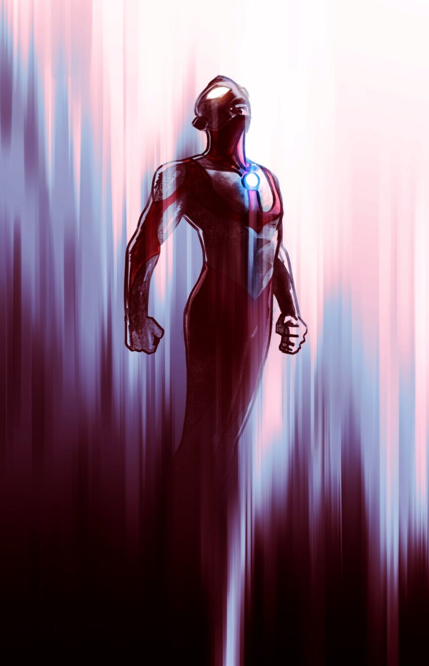 1boy bioniclechicken color_timer commentary dc_comics english_commentary highres male_focus poster_parody solo standing superman_(2025) superman_(series) tokusatsu tsuburaya_productions ultra_series ultraman yellow_eyes