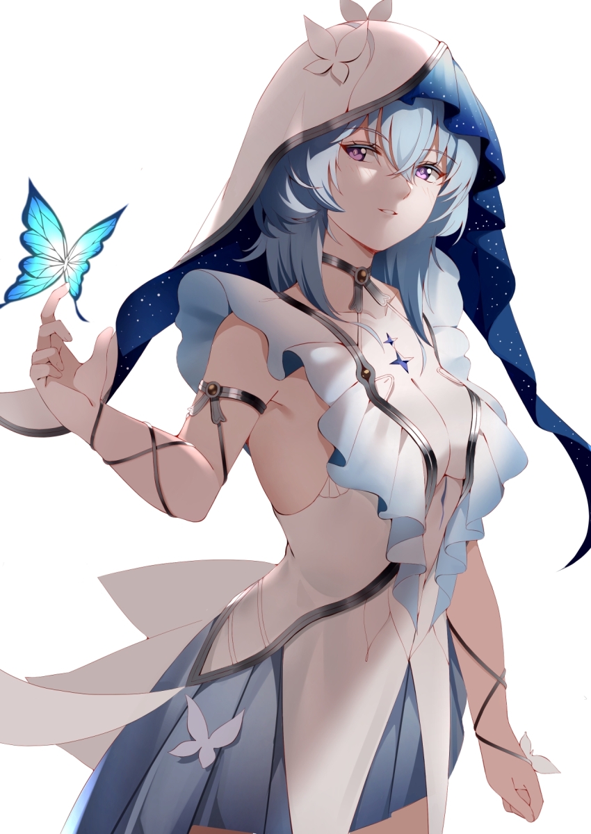 1girl armlet blue_butterfly blue_hair blue_veil breasts bug butterfly butterfly_on_hand chinese_commentary commentary_request cowboy_shot dress hair_between_eyes hand_up highres insect jewelry long_hair looking_at_viewer medium_breasts parted_lips purple_eyes quanshikm shorekeeper_(wuthering_waves) sleeveless sleeveless_dress solo two-tone_veil veil white_dress white_veil wuthering_waves