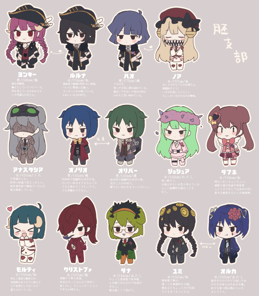 6+others absurdres ahoge bell black_bow black_coat black_hair black_swan_(e.g.o) black_vest blonde_hair blush bow bowtie braid brown_hair closed_mouth coat cobalt_scar_(e.g.o) crimson_scar_(e.g.o) e.g.o_(project_moon) employee_(project_moon) faint_aroma_(e.g.o) full_body fur-trimmed_coat fur_trim green_hair grey_background grey_coat grey_hair hair_bell hair_ornament hat hat_bow highres hornet_(e.g.o) horns in_the_name_of_love_and_hate_(e.g.o) jingle_bell justitia_(e.g.o) laetitia_(e.g.o) lamp_(e.g.o) lobotomy_corporation long_hair low_twin_braids medium_hair mimicry_(e.g.o) mob_cap multiple_others nugget_(project_moon) paradise_lost_(e.g.o) pink_(e.g.o) pink_headwear project_moon red_coat red_eyes sidelocks simple_background smile smile_(e.g.o) solemn_lament_(e.g.o) sound_of_a_star_(e.g.o) teardrop_facial_mark the_sword_sharpened_with_tears_(e.g.o) twilight_(e.g.o) twin_braids twintails two_side_up very_long_hair vest y_o_u_k_a yellow_bow yellow_bowtie