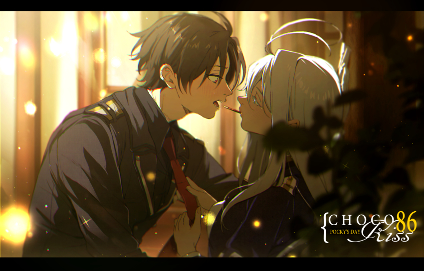 1boy 1girl 86_-eightysix- antenna_hair black_hair black_shirt blurry blurry_foreground blush collared_shirt food from_side grey_eyes head_tilt high_collar highres in_mouth jacket kagura_kurosaki letterboxed long_hair long_sleeves looking_at_another military military_dress_uniform military_jacket military_uniform necktie open_mouth pocky pocky_day red_eyes red_necktie scar scar_on_neck shinei_nouzen shirt short_hair silver_hair vladilena_millize
