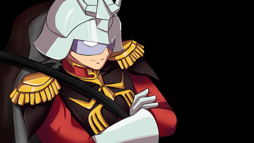 1boy char_aznable close-up crossed_arms derivative_work drawfag getter_robo gundam highres male_focus mask mobile_suit_gundam screenshot_redraw shin_getter_robo_vs_neo_getter_robo sitting smirk solo transparent_background uniform zeon