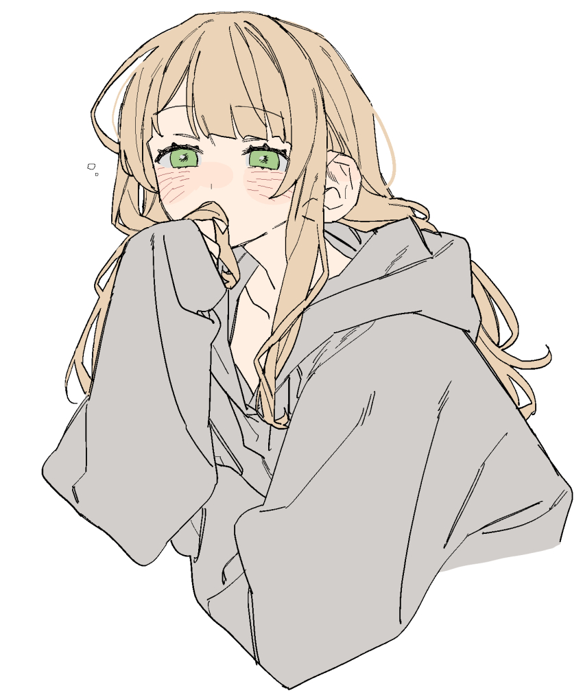 1girl bad_id bad_pixiv_id blonde_hair collarbone dayama flat_color green_eyes grey_hoodie hair_in_own_mouth half-closed_eyes highres hood hood_down hoodie kaburaki_roco light_blush long_hair messy_hair nijisanji open_mouth simple_background solo upper_body virtual_youtuber white_background wide_sleeves