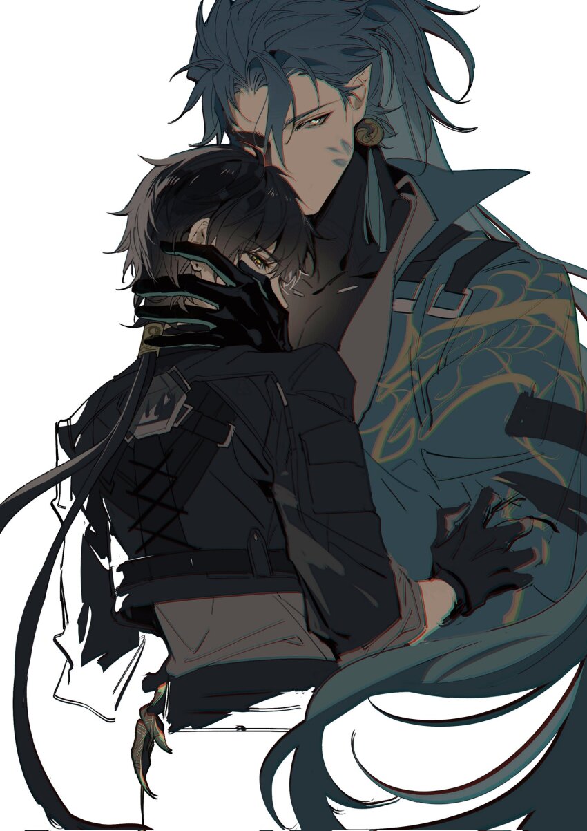 2boys arm_belt asymmetrical_clothes belt black_belt black_gloves black_hair black_jacket commentary couple cropped_jacket ear_piercing earrings gloves green_hair grey_shirt hand_on_another&#039;s_neck hashtag-only_commentary highres jacket jewelry jiyan_(wuthering_waves) layered_clothes long_hair male_focus male_rover_(wuthering_waves) multiple_boys piercing pointy_ears ponytail rover_(wuthering_waves) scales shirt short_hair_with_long_locks simple_background tassel tassel_earrings white_background wuthering_waves xiandao1213 yaoi yellow_eyes
