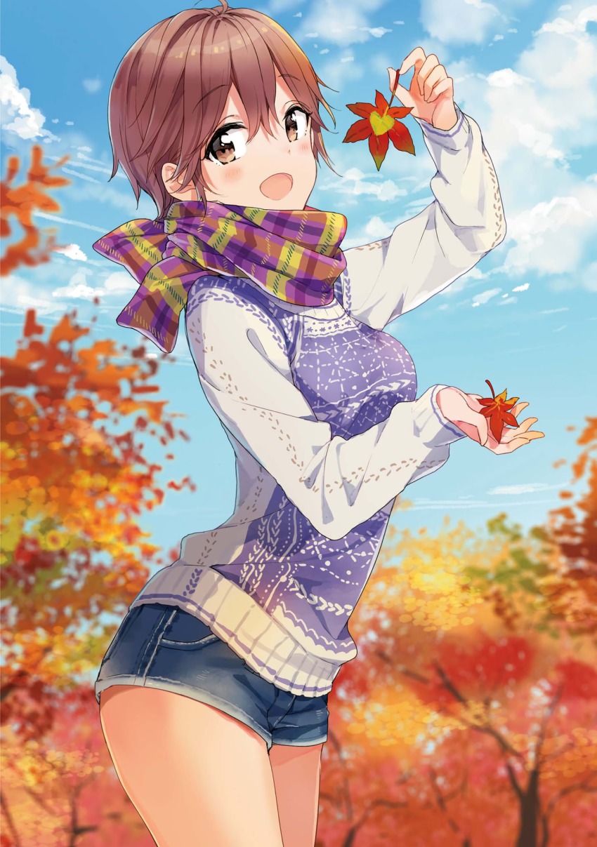 1girl :d ahoge arm_up autumn autumn_leaves blue_sky blurry blurry_background blush brown_eyes brown_hair cloud cowboy_shot day denim denim_shorts depth_of_field female_focus from_side futaba_tae hair_between_eyes highres holding holding_leaf leaf long_sleeves looking_at_viewer looking_to_the_side masamune-kun_no_revenge multicolored_scarf open_mouth outdoors print_scarf print_sweater scan scarf short_hair short_shorts shorts sky sleeves_past_wrists smile solo sweater thighs tiv tree