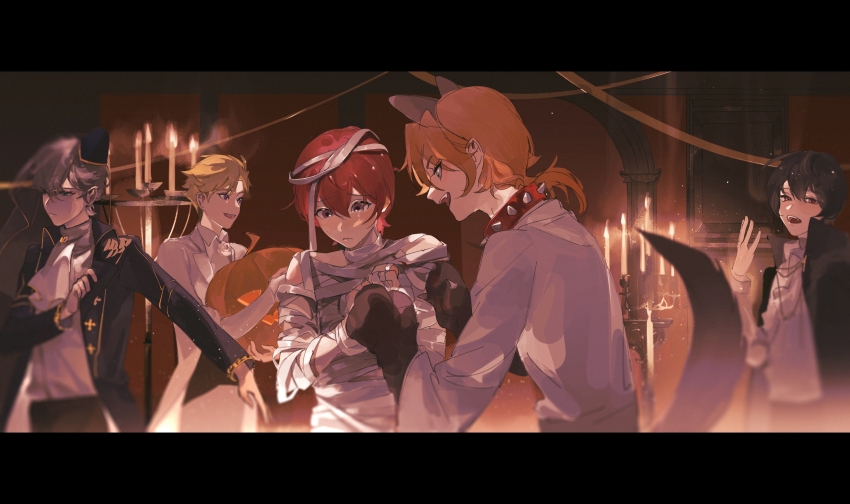 5boys animal_ears bandages black_hair blonde_hair blue_eyes candlestand collar ensemble_stars! fake_animal_ears food green_eyes grey_hair halloween_costume hat highres holding holding_food holding_pumpkin holding_vegetable jacket knights_(ensemble_stars!) long_hair long_sleeves male_focus multiple_boys mummy_costume narukami_arashi orange_hair pumpkin purple_eyes red_eyes red_hair sakuma_ritsu sena_izumi_(ensemble_stars!) shirt short_hair shule_de_yu spiked_collar spikes suou_tsukasa tail tsukinaga_leo vegetable veil werewolf_costume wolf_ears wolf_tail