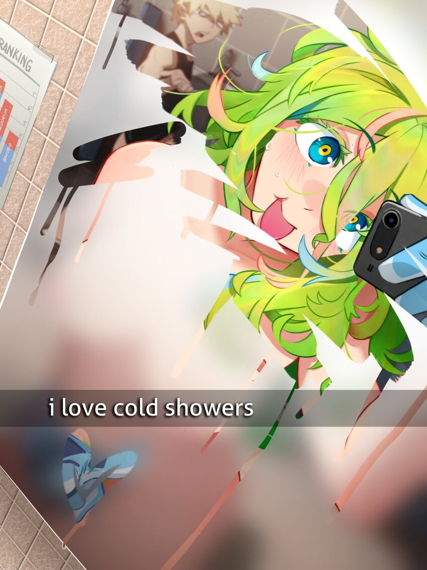 1boy 1girl absurdres bakugou_katsuki black_tank_top blonde_hair blue_eyes boku_no_hero_academia breasts convenient_censoring english_text green_hair hagakure_toru hair_between_eyes heart highres holding holding_phone indoors khyle. long_hair looking_at_viewer mirror multicolored_hair nude phone public_restroom selfie steam steam_censor streaked_hair tank_top tile_wall tiles tongue tongue_out