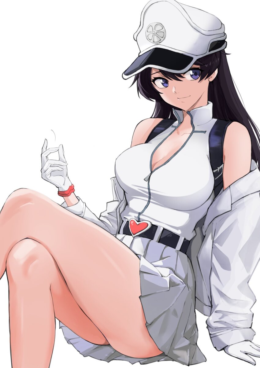 1girl bambietta_basterbine belt black_hair bleach breasts cleavage closed_mouth crossed_legs gloves hat highres kajino_(aosansai) long_hair looking_at_viewer military_hat military_uniform quincy_(bleach) simple_background skirt smile solo sternritter white_background white_gloves white_hat white_skirt