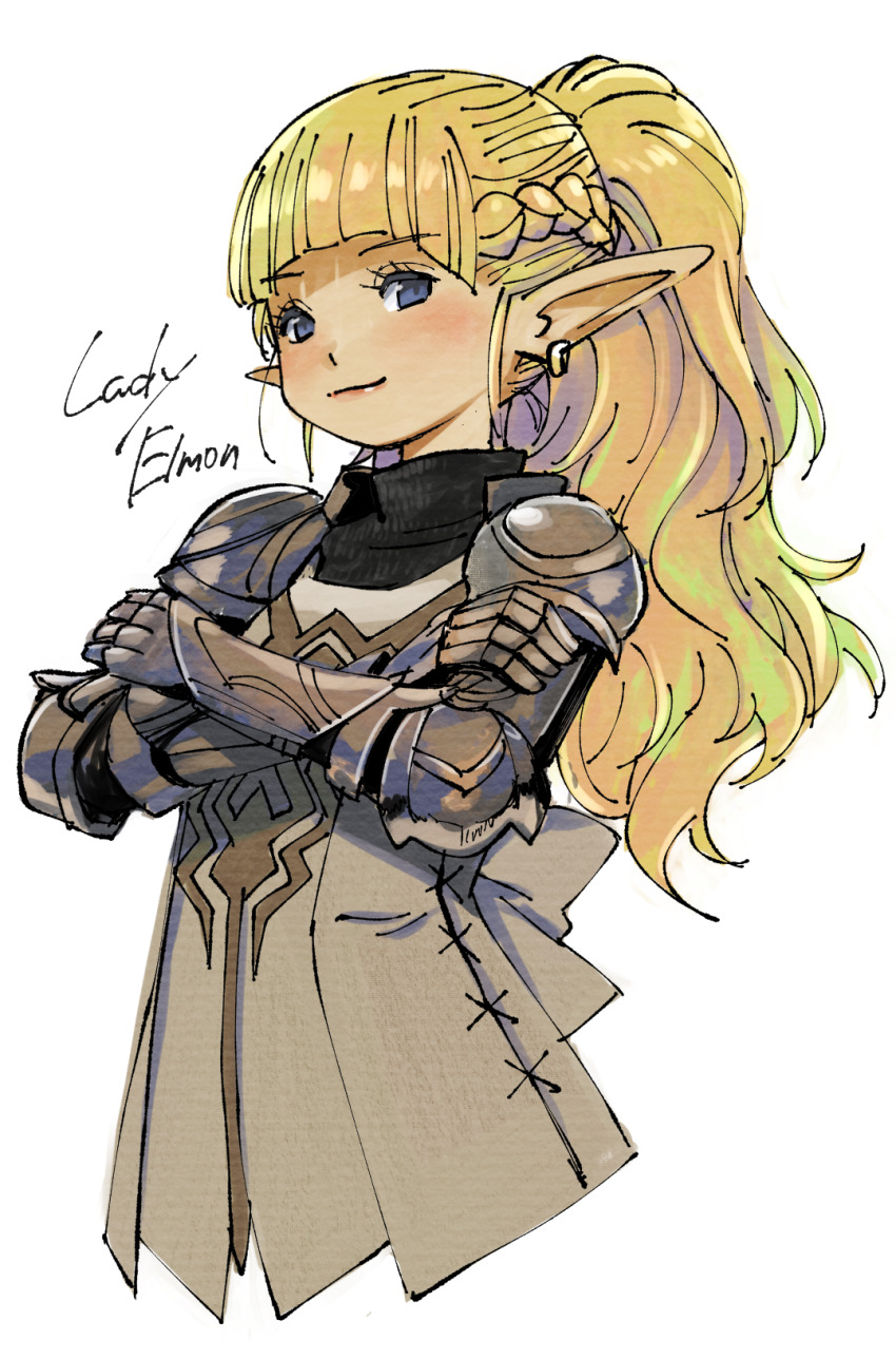 1girl arm_armor armor blonde_hair blue_eyes brown_dress character_name couter dress elf elmon_(wizardry) gauntlets highres long_hair looking_at_viewer muramasa_mikado pauldrons pointy_ears ponytail rerebrace shoulder_armor simple_background smirk solo upper_body vambraces white_background wizardry wizardry_variants_daphne
