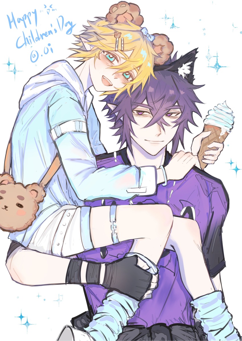 2boys absurdres alternate_costume animal_ears aotu_world bear_ears black_gloves blonde_hair blue_eyes blush carrying closed_mouth english_text fingerless_gloves food gloves hair_between_eyes hair_ornament hairclip highres holding holding_food hood ice_cream ice_cream_cone jacket king_(aotu_world) long_sleeves looking_at_viewer male_focus multiple_boys open_mouth plutoray pointy_ears purple_eyes purple_hair purple_shirt ray_(aotu_world) shirt short_hair shorts simple_background smile sparkle white_background yaoi