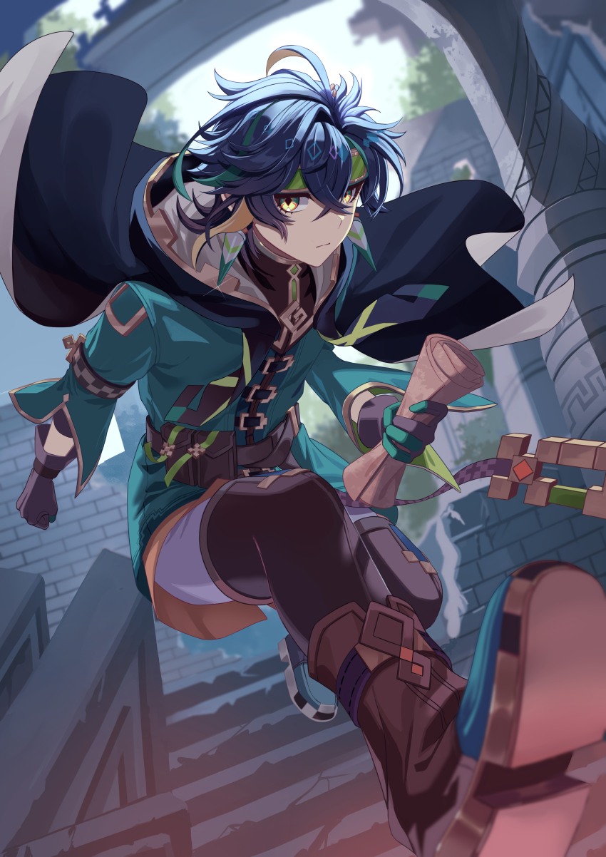 1boy absurdres black_cape black_hair blonde_hair brown_gloves brown_shoes cape closed_mouth genshin_impact gloves green_eyes green_hair green_headband green_jacket hair_between_eyes haya_pik headband highres holding holding_map jacket kinich_(genshin_impact) male_focus map multicolored_hair shoes short_hair solo streaked_hair