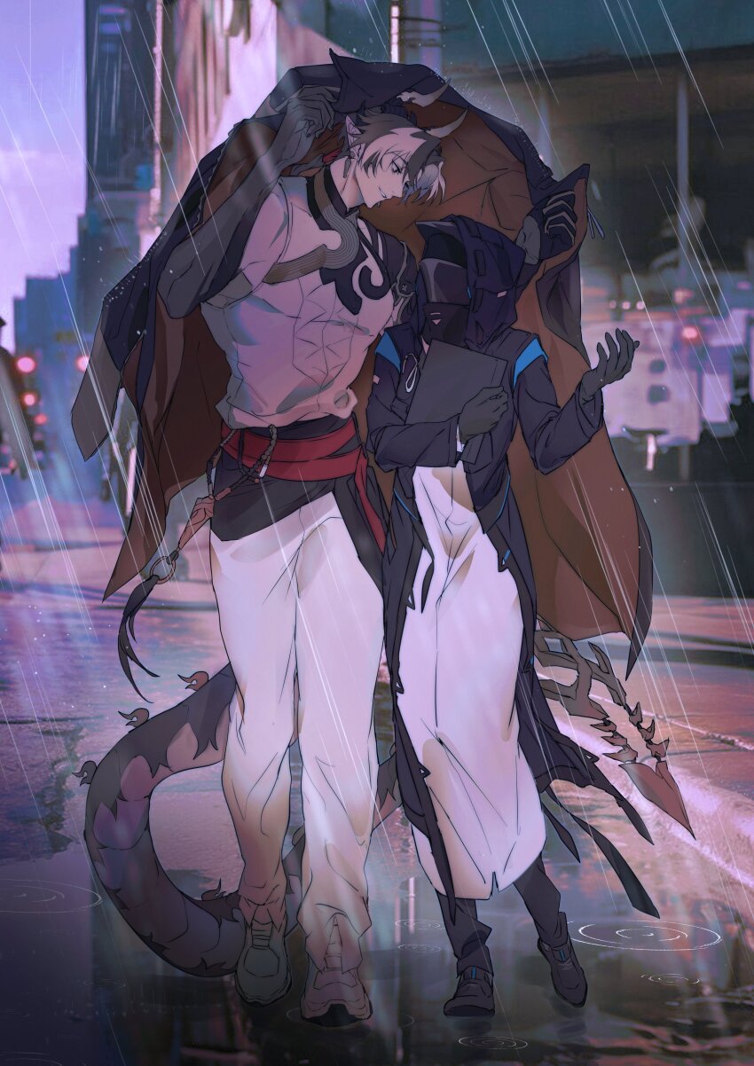 1boy 1girl absurdres arknights black_coat brown_hair chongyue_(arknights) coat doctor_(arknights) dragon_boy dragon_horns dragon_tail female_doctor_(arknights) full_body hetero highres hood hood_up horns improvised_umbrella long_hair outdoors pointy_ears rain shared_improvised_umbrella sleeveless tail walhee221 walking