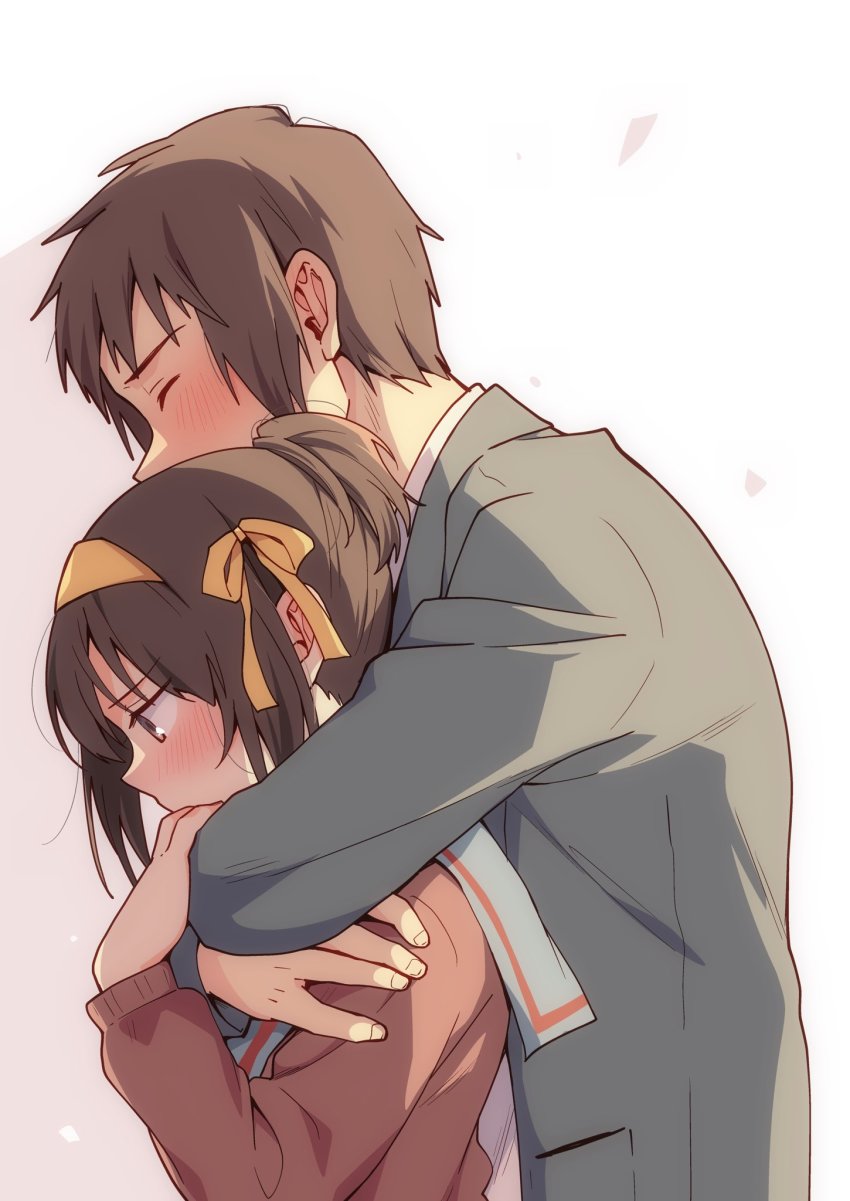 1boy 1girl blazer blue_sailor_collar blush brown_cardigan brown_eyes brown_hair cardigan closed_eyes commentary_request couple from_side green_jacket hair_ribbon hairband hetero highres hug hug_from_behind jacket kita_high_school_uniform kyon long_sleeves medium_hair official_alternate_hairstyle ponytail ribbon sailor_collar school_uniform serafuku short_hair simple_background suzumiya_haruhi suzumiya_haruhi_no_yuuutsu taiki_(6240taiki) upper_body white_background yellow_hairband yellow_ribbon
