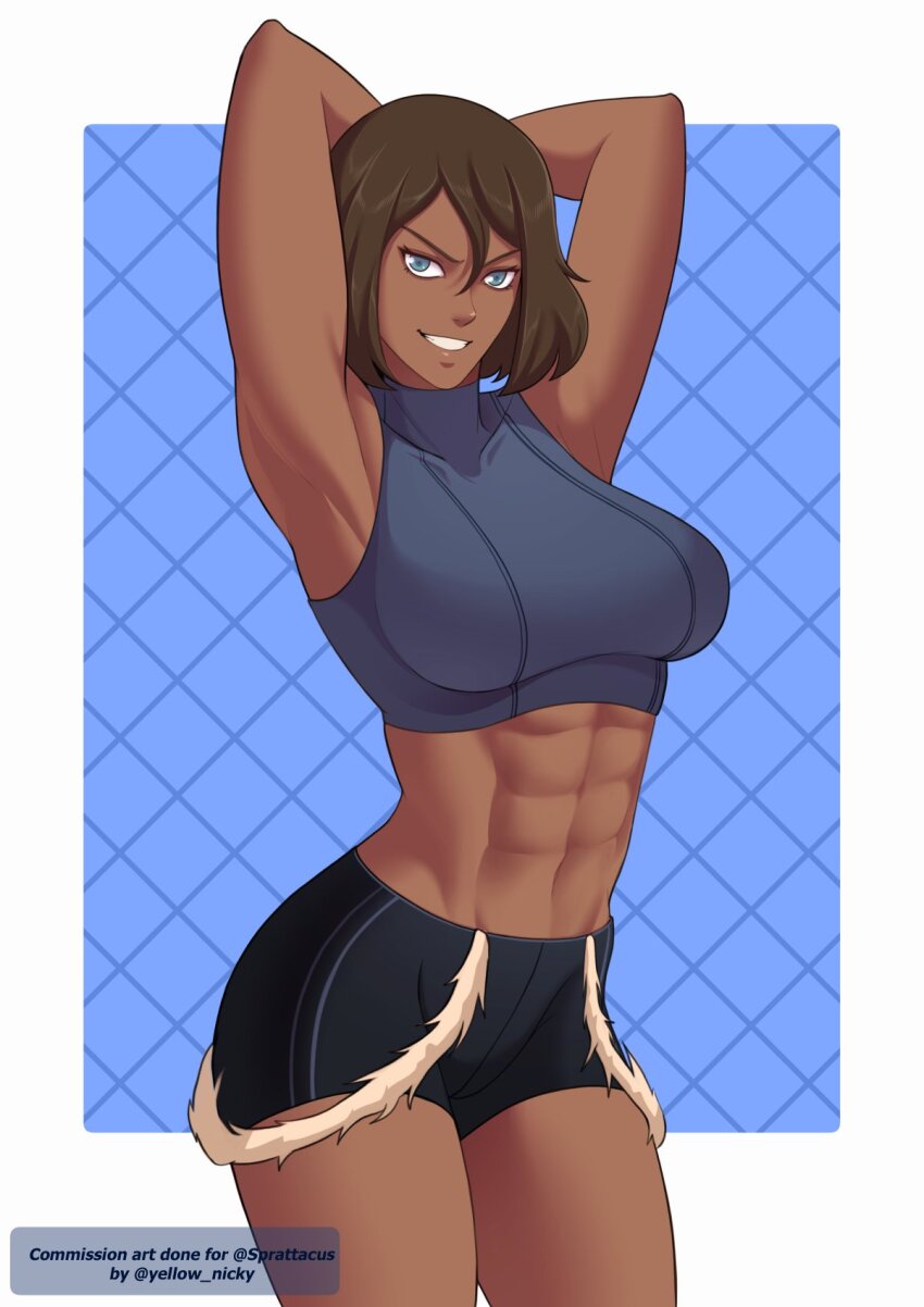 1girl abs arms_behind_head arms_up avatar_legends black_shorts blue_eyes breasts brown_hair commission dark-skinned_female dark_skin hair_between_eyes highres korra large_breasts midriff muscular muscular_female navel shorts smile solo the_legend_of_korra toned toned_female yellow_nicky