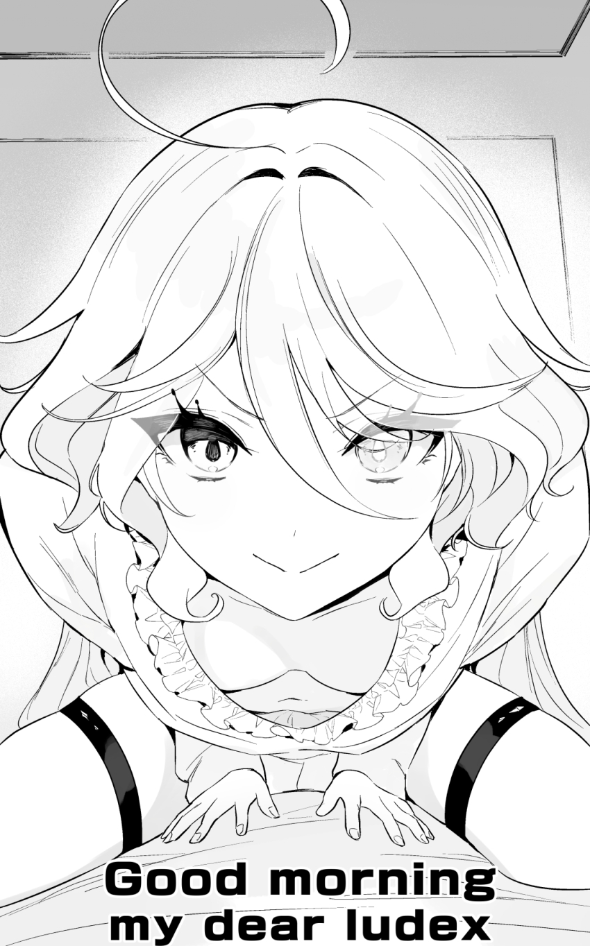 1boy 1girl breasts cowlick downblouse drop-shaped_pupils english_text extended_downblouse furina_(genshin_impact) genshin_impact good_morning good_morning_my_brother_(meme) greyscale hair_over_one_eye hands_on_another&#039;s_stomach harukicute heterochromia highres indoors leaning_forward long_hair looking_at_viewer meme monochrome navel neuvillette_(genshin_impact) no_bra pajamas pov scene_reference sitting sitting_on_person small_breasts smile stomach straddling symbol-shaped_pupils thigh_strap wavy_hair
