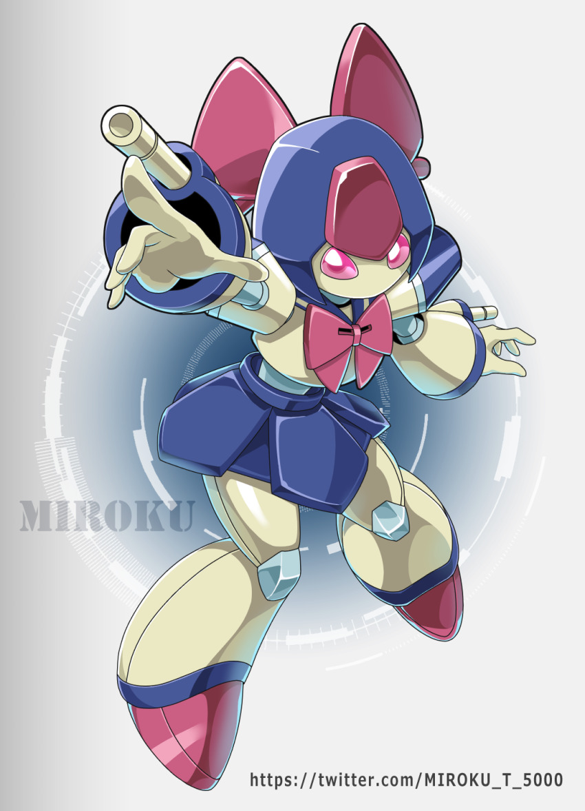 1girl android arm_mounted_weapon brass_(medarot) helmet highres humanoid_robot joints medarot miroku_(miroku_t) no_mouth no_nose oversized_forearms oversized_limbs pink_eyes pleated_skirt purple_skirt ribbon robot robot_girl robot_joints skirt