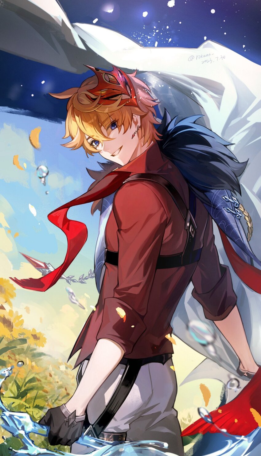 1boy ahoge black_gloves blue_hair coat genshin_impact gloves grey_pants hair_between_eyes highres holding holding_weapon light_smile looking_at_viewer male_focus mask mask_on_head orange_hair pants red_shirt rokuon shirt solo tartaglia_(genshin_impact) upper_body weapon white_coat