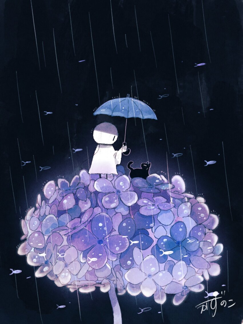 1other animal artist_name black_cat cat commentary fish flower flower_focus flying_fish highres holding holding_umbrella hydrangea kazunoko_(kazunoko_zunoco) looking_at_animal mini_person night on_flower original purple_flower rain signature standing teruterubouzu umbrella whiskers