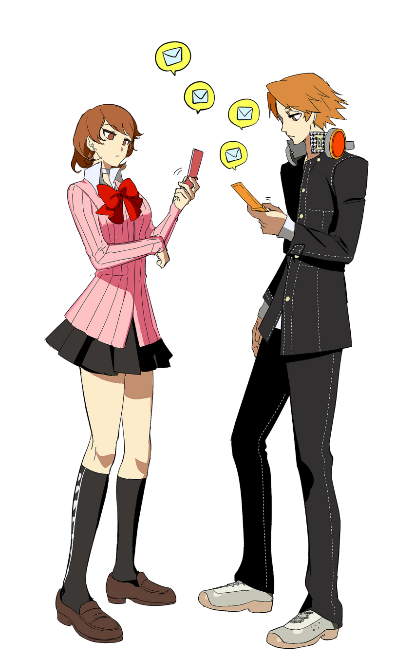 1boy 1girl absurdres babakun black_jacket black_pants black_skirt black_socks bow bowtie brown_eyes brown_hair brown_shoes cardigan cellphone choker closed_mouth collared_shirt commentary_request flip_phone flipped_hair full_body gekkoukan_high_school_uniform hanamura_yousuke headphones headphones_around_neck highres holding holding_phone in-franchise_crossover jacket kneehighs korean_commentary long_sleeves looking_at_phone miniskirt pants persona persona_3 persona_4 phone pink_cardigan pleated_skirt red_bow red_bowtie ribbed_cardigan school_uniform shirt shoes short_hair simple_background skirt sleeves_past_wrists socks spoken_letter standing takeba_yukari text_messaging white_background white_choker white_shirt yasogami_school_uniform