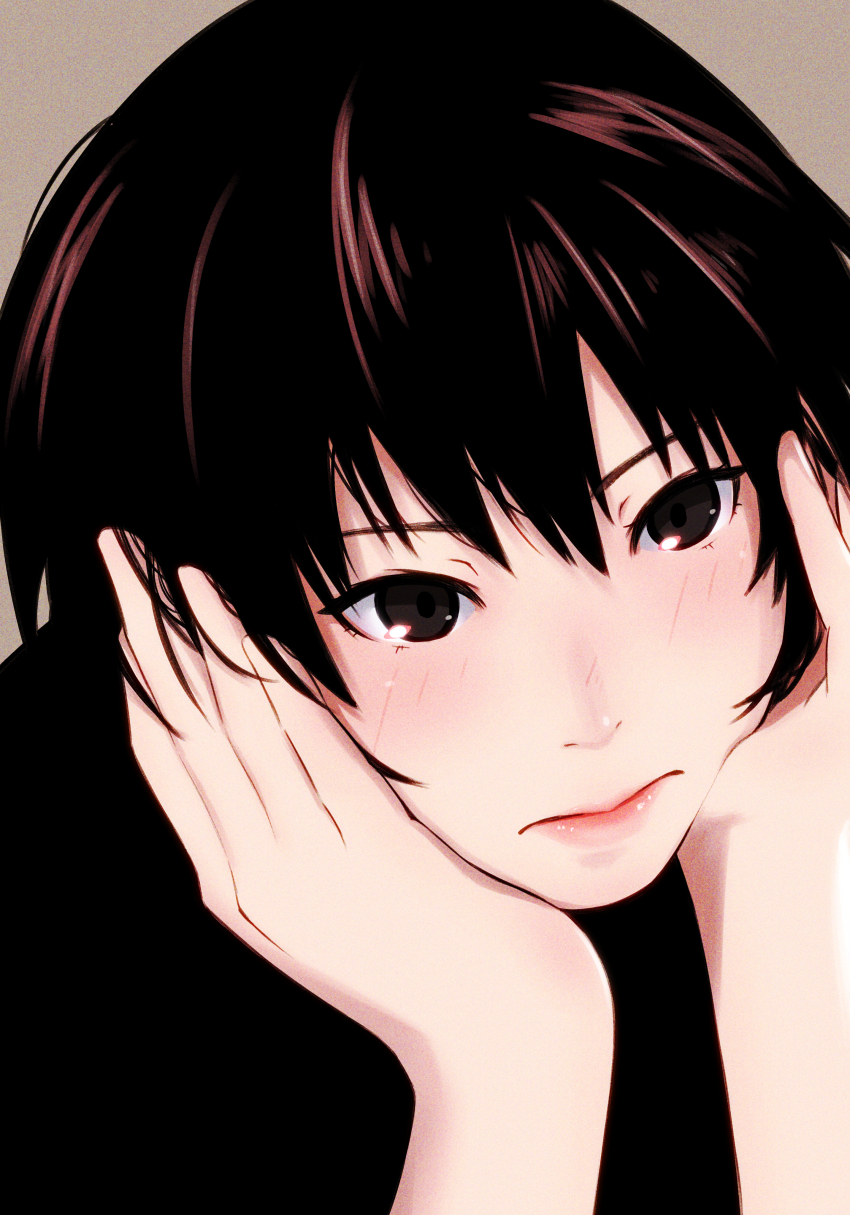 1girl absurdres amagami black_hair black_sweater blush brown_background close-up closed_mouth commentary film_grain hair_between_eyes hands_on_own_cheeks hands_on_own_face head_rest highres light_blush looking_afar looking_ahead loose_hair_strand nanasaki_ai oshizu pink_lips portrait short_hair solo sweater