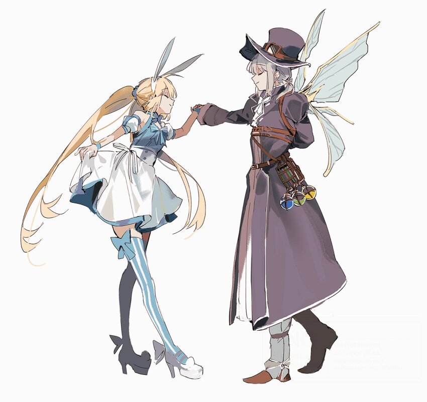 1boy 1girl animal_ear_hairband animal_ears artoria_caster_(fate) artoria_caster_(swimsuit_berserker)_(fate) artoria_caster_(swimsuit_berserker)_(second_ascension)_(fate) artoria_pendragon_(fate) belt black_hat blonde_hair blue_dress blue_thighhighs bow bow_legwear brown_belt brown_footwear closed_eyes coat curtsey detached_sleeves dress dress_bow fake_animal_ears fate/grand_order fate_(series) goggles goggles_on_headwear grey_hair hair_ornament hair_scrunchie hairband hat highres holding_hands insect_wings juliet_sleeves long_hair long_sleeves low_ponytail oberon_(exhibition_attire)_(fate) oberon_(fate) official_alternate_costume ponytail puffy_detached_sleeves puffy_sleeves rabbit_ears recolored scrunchie simple_background skirt_hold smile ss_un17 striped_clothes striped_thighhighs thighhighs trench_coat twintails two-tone_thighhighs vertical-striped_clothes vertical-striped_thighhighs very_long_hair white_background white_dress white_footwear wings wristband