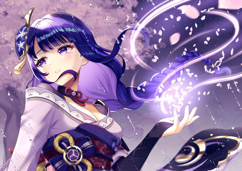 1girl breasts bridal_gauntlets commentary_request flower genshin_impact glowing hair_flower hair_ornament highres japanese_clothes kimono long_braid long_hair looking_to_the_side medium_breasts mitsudomoe_(shape) obi open_hand parted_lips purple_eyes purple_flower purple_hair purple_kimono purple_theme raiden_shogun rain sash solo tateko25wiz tomoe_(symbol) vision_(genshin_impact) wind