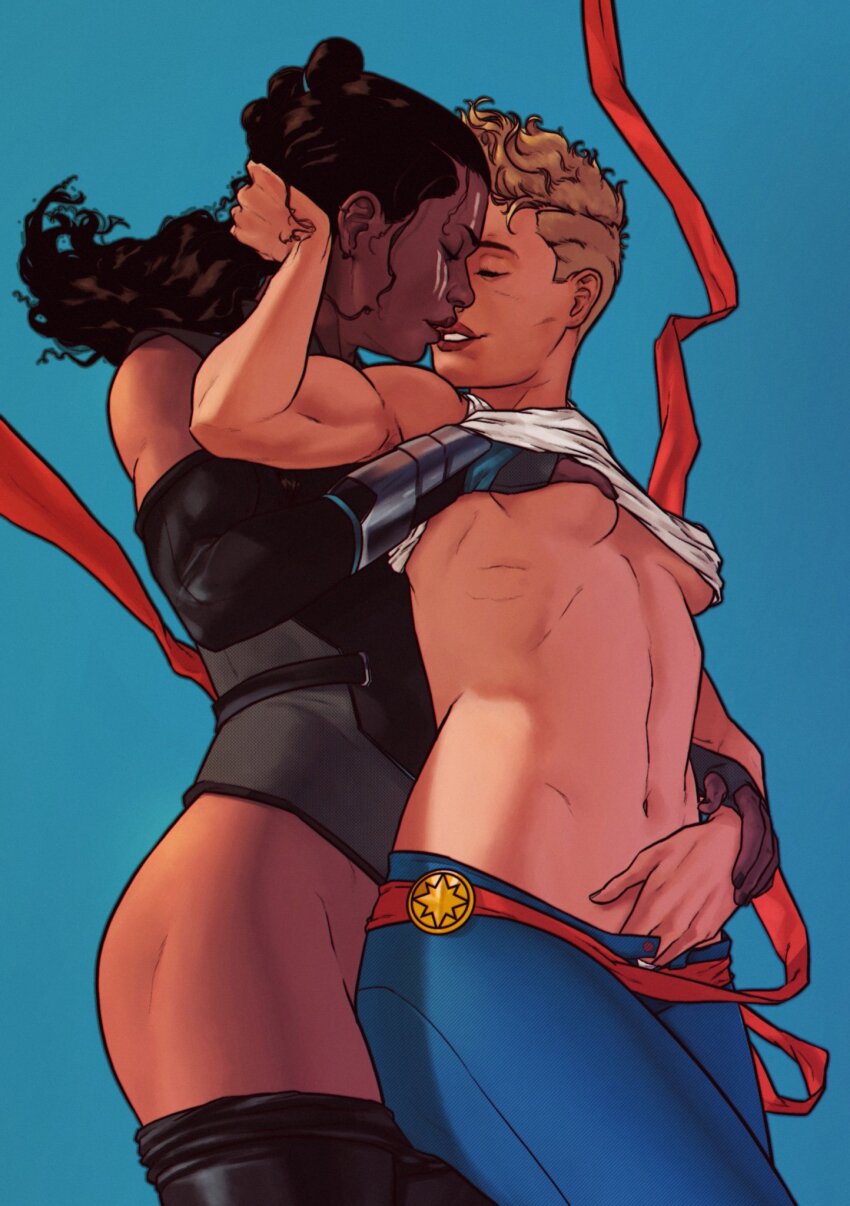 2girls arm_guards black_hair blonde_hair blue_background breasts buzz_cut carol_danvers closed_eyes clothes_lift clothes_pull dark-skinned_female dark_skin dima_ivanov facepaint grabbing_another&#039;s_breast groping hand_in_another&#039;s_panties highres imminent_kiss interracial lips long_hair marvel marvel_cinematic_universe multiple_girls navel pants pants_pull ribbon shirt_lift short_hair simple_background small_breasts smile valkyrie_(marvel) very_short_hair yuri