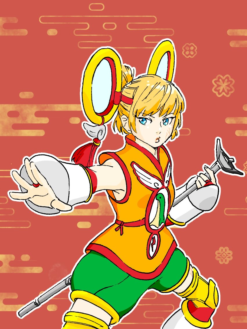 1girl absurdres apex_legends blonde_hair blue_eyes chouson cosplay_request facial_scar fighting_stance flat_chest green_shorts hair_behind_ear highres holding holding_staff nessie_(respawn) open_hand red_background scar scar_on_cheek scar_on_face short_hair shorts solo staff wattson_(apex_legends)