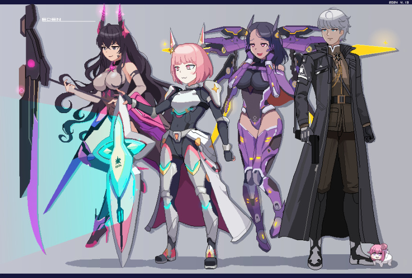 1boy 3girls armor armored_bodysuit armored_boots armored_gloves black_bodysuit black_coat blue_eyes bodysuit boots breastplate breasts brown_hair coat detached_wings doro_(nikke) dorothy_(nikke) floating floating_object full_body goddess_of_victory:_nikke grey_hair gun hair_ornament handgun harran_(nikke) headgear heart heart-shaped_pupils highres hip_armor holding holding_scythe horns isabel_(nikke) johan_(nikke) large_breasts leg_armor long_hair mechanical_horns mechanical_wings military_uniform mole mole_under_eye multiple_girls noah_(nikke) pink_eyes pink_hair pixel_art purple_hair scythe sealssugiyama shield short_hair shoulder_armor sparkle_hair_ornament symbol-shaped_pupils weapon wings