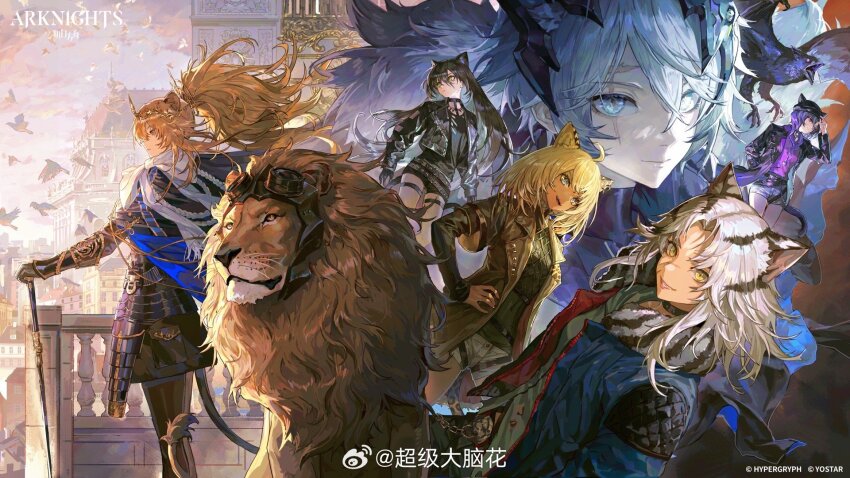 ahoge animal_ears arknights armor artist_name black_hair blonde_hair brown_hair cavehuuu character_request chinese_commentary commentary_request copyright_name crossed_bangs dagda_(arknights) delphine_(arknights) from_side gender_request green_eyes hair_between_eyes hand_on_own_hip highres lion lion_ears lion_girl lion_tail long_hair looking_at_viewer medium_hair morgan_(arknights) official_art planted planted_sword planted_weapon profile siege_(arknights) sword tail vina_victoria_(arknights) weapon