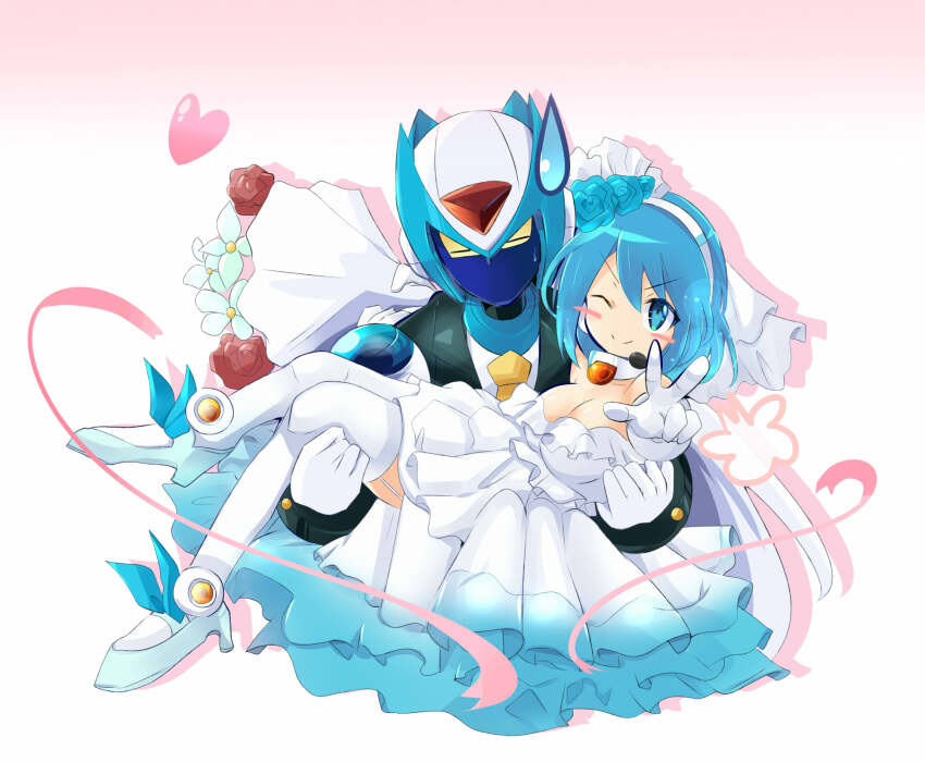 1boy 1girl ;) android black_jacket blue_eyes blue_hair blue_helmet blue_skin breasts closed_eyes colored_sclera colored_skin detached_collar dress flower forehead_jewel formal_clothes hair_ornament heart helmet highres holding holding_flower jacket jewelry looking_at_viewer medium_breasts mega_man_(series) mega_man_x_(series) mega_man_x_dive no_mouth one_eye_closed rico_(mega_man) robot robot_ears robot_girl rose shirt simple_background smile suit three-finger_salute tonchinkan via_(mega_man) wedding wedding_dress white_background white_dress white_shirt yellow_sclera