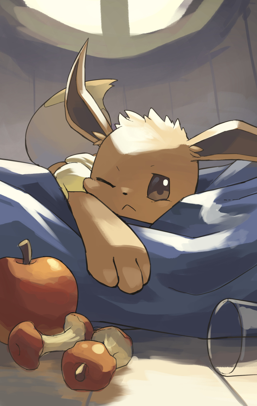 :&lt; apple apple_core bean_bag_chair brown_eyes brown_fur cup eevee food frown fruit game_freak gen_1_pokemon highres lying nintendo no_humans one_eye_closed pokemon pokemon_(creature) pokemon_focus solo window yamaori_(hakkentai_pokedan)