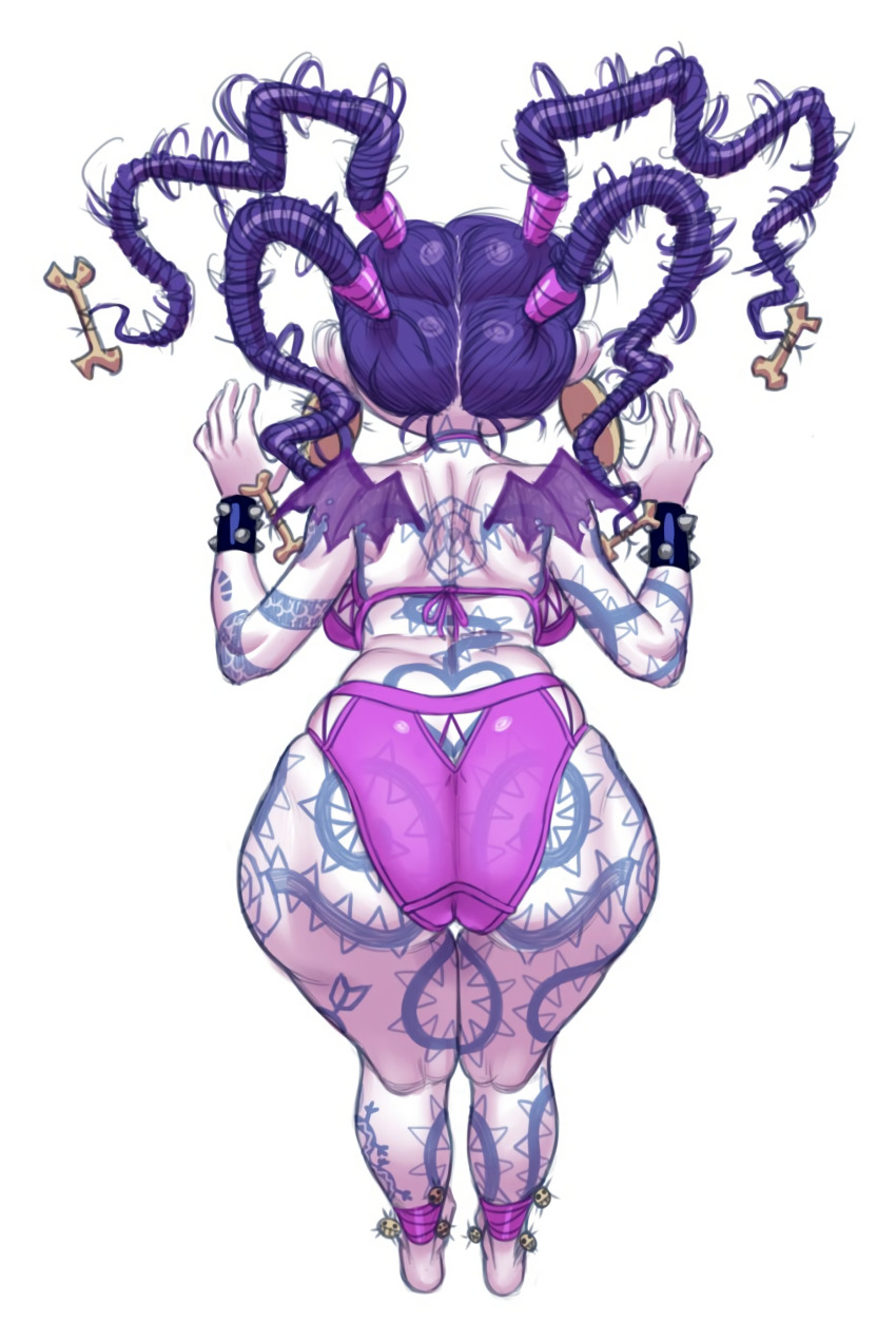 1girl absurdres albino ass bare_shoulders big_mama bikini breasts choker dreadlocks fairy female_focus food highres huge_ass ice_cream large_breasts multiple_views ornament pale_skin plump pupiless_eyes purple_eyes red_eyes swimsuit tattoo thick_thighs thighs turnaround wings