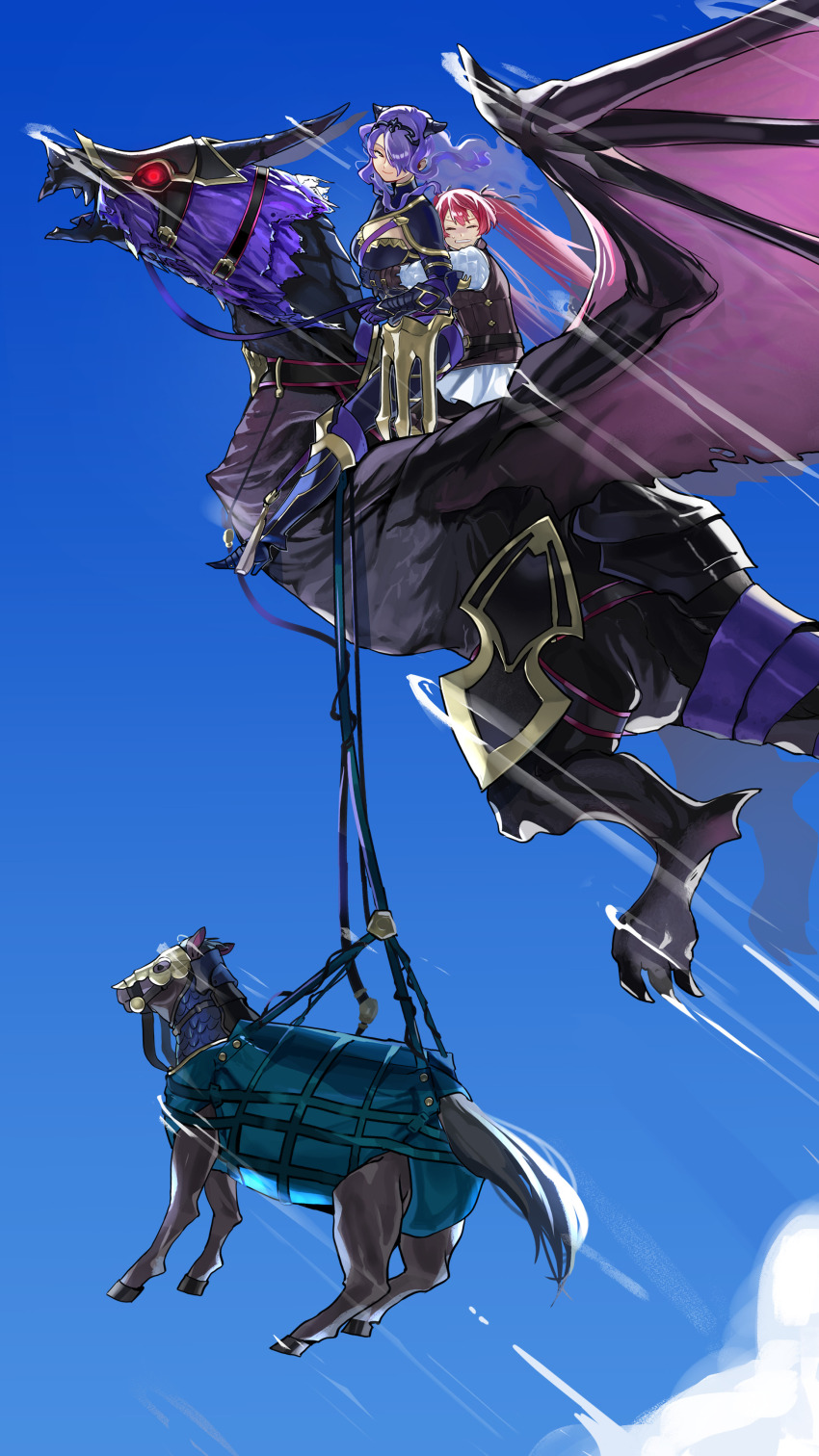 2girls absurdres armor barding blue_sky breastplate breasts camilla_(fire_emblem) cleavage closed_eyes commentary commission dragon english_commentary fire_emblem fire_emblem_fates floating_hair flying glowing glowing_eyes hair_over_one_eye highres horse hug hug_from_behind long_hair medium_breasts misokatsuhaumai multiple_girls nintendo purple_eyes purple_hair red_eyes red_hair selena_(fire_emblem_fates) skirt sky smile tiara twintails wavy_hair