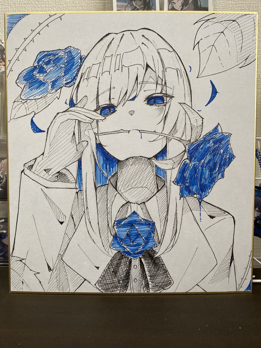 1girl ado_(utaite) blue_eyes blue_flower blue_hair blue_rose chando_(ado) colored_inner_hair commentary_request flower flower_in_mouth gloves hand_up highres long_hair long_sleeves looking_at_viewer megu_(9abgoluanvcjd7o) mole mole_under_eye multicolored_hair partially_colored rose shikishi solo utaite