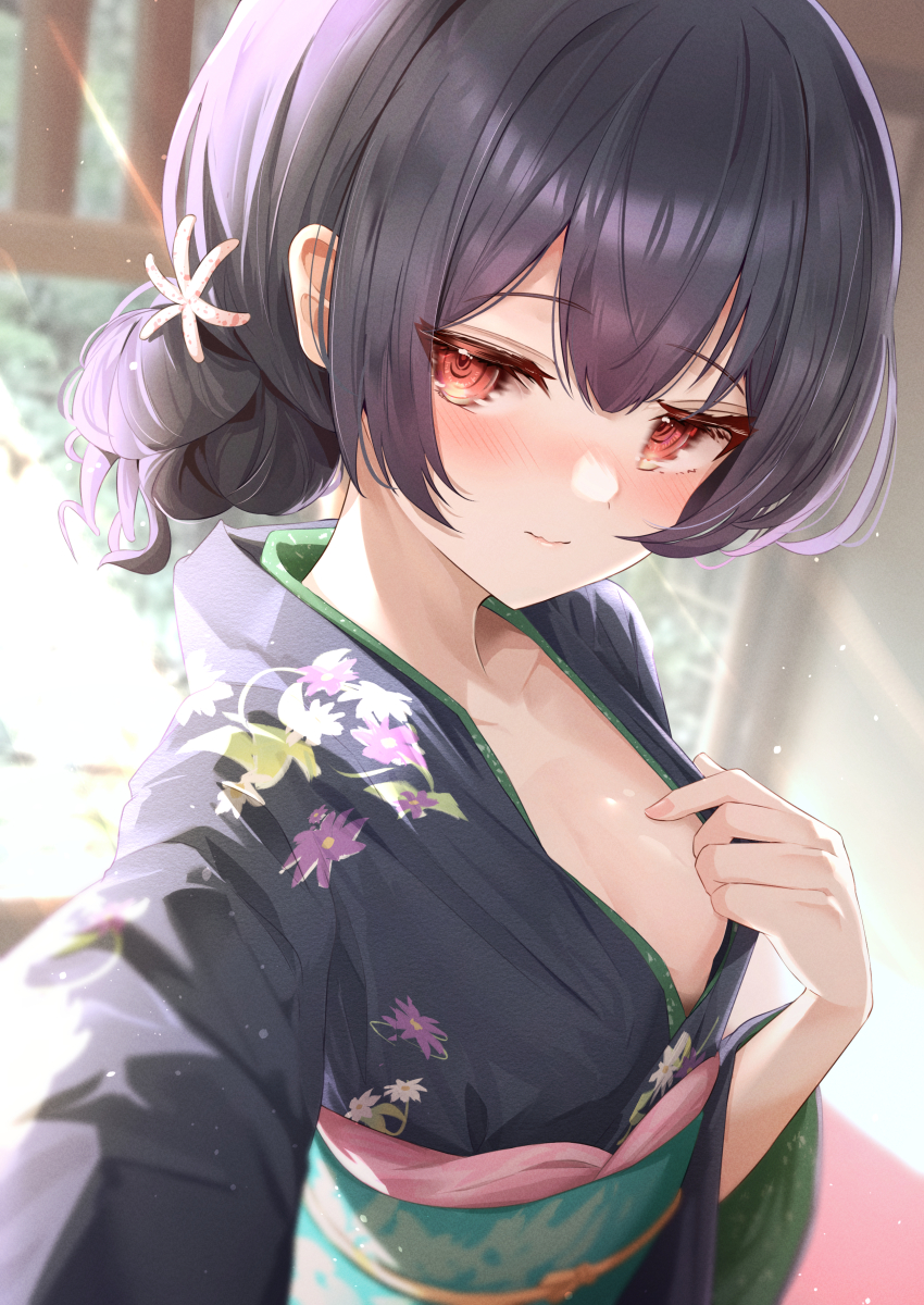 1girl absurdres black_hair black_kimono blush breasts commentary_request floral_print hair_bun highres idolmaster idolmaster_shiny_colors japanese_clothes kimono light_smile looking_at_viewer morino_rinze no_bra obi red_eyes sash single_side_bun sky_cappuccino small_breasts solo upper_body