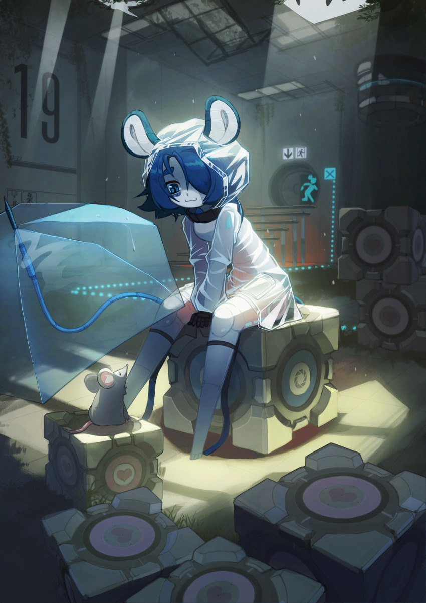1girl :3 absurdres animal_ears aperture_science_weighted_companion_cube aperture_science_weighted_storage_cube arms_between_legs blue_eyes blue_hair ceiling commentary english_commentary exit_sign full_body hair_over_one_eye highres indoors mouse_(animal) mouse_ears mouse_girl mouse_tail no_feet original parasoru_buruu portal portal_(series) portal_2 rain rain_poncho ruins sitting solo tail tile_ceiling tiles umbrella