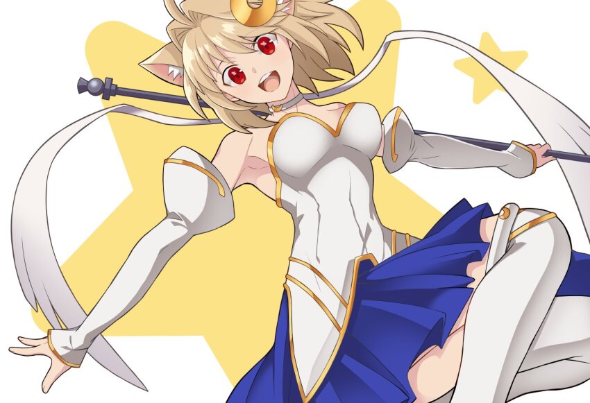 1girl animal_ear_fluff animal_ears arcueid_brunestud bare_shoulders blonde_hair blue_sky breasts cat_ears cleavage cowboy_shot crescent crescent_hair_ornament detached_sleeves dress fate/tiger_colosseum fate_(series) hair_ornament hirakawa holding holding_staff large_breasts phantas-moon pleated_skirt red_eyes simple_background skirt sky solo staff star_(symbol) tsukihime white_background white_dress white_sleeves