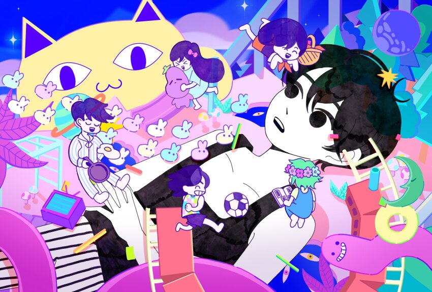 aubrey_(headspace)_(omori) aubrey_(omori) ball basil_(headspace)_(omori) basil_(omori) big_yellow_cat_(omori) black_eyes black_hair black_tank_top bow collarbone colored_skin fried_egg frying_pan green_hair hair_bow hero_(headspace)_(omori) hero_(omori) hicc_12 highres holding holding_frying_pan humphrey_(omori) kel_(headspace)_(omori) kel_(omori) long_hair mari_(headspace)_(omori) mari_(omori) neckerchief omori omori_(omori) open_mouth parted_lips pink_bow purple_hair red_neckerchief short_hair shorts soccer_ball tank_top teeth upper_teeth_only white_shorts white_skin