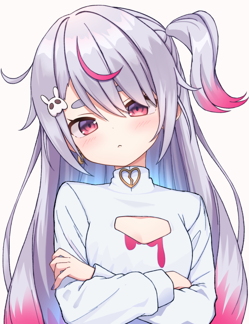 1girl breasts cleavage cleavage_cutout closed_mouth clothing_cutout crossed_arms dress expressionless gradient_hair hair_ornament hair_over_one_eye highres kazumiya_yayoi long_sleeves looking_at_viewer multicolored_hair one_side_up pink_eyes pink_hair pink_streaks purple_dress rabbit_hair_ornament shirt short_eyebrows simple_background skull_hair_ornament small_breasts solo streaked_hair tosaki_mimi turtleneck turtleneck_shirt two-tone_hair upper_body virtual_youtuber vspo! white_background white_shirt
