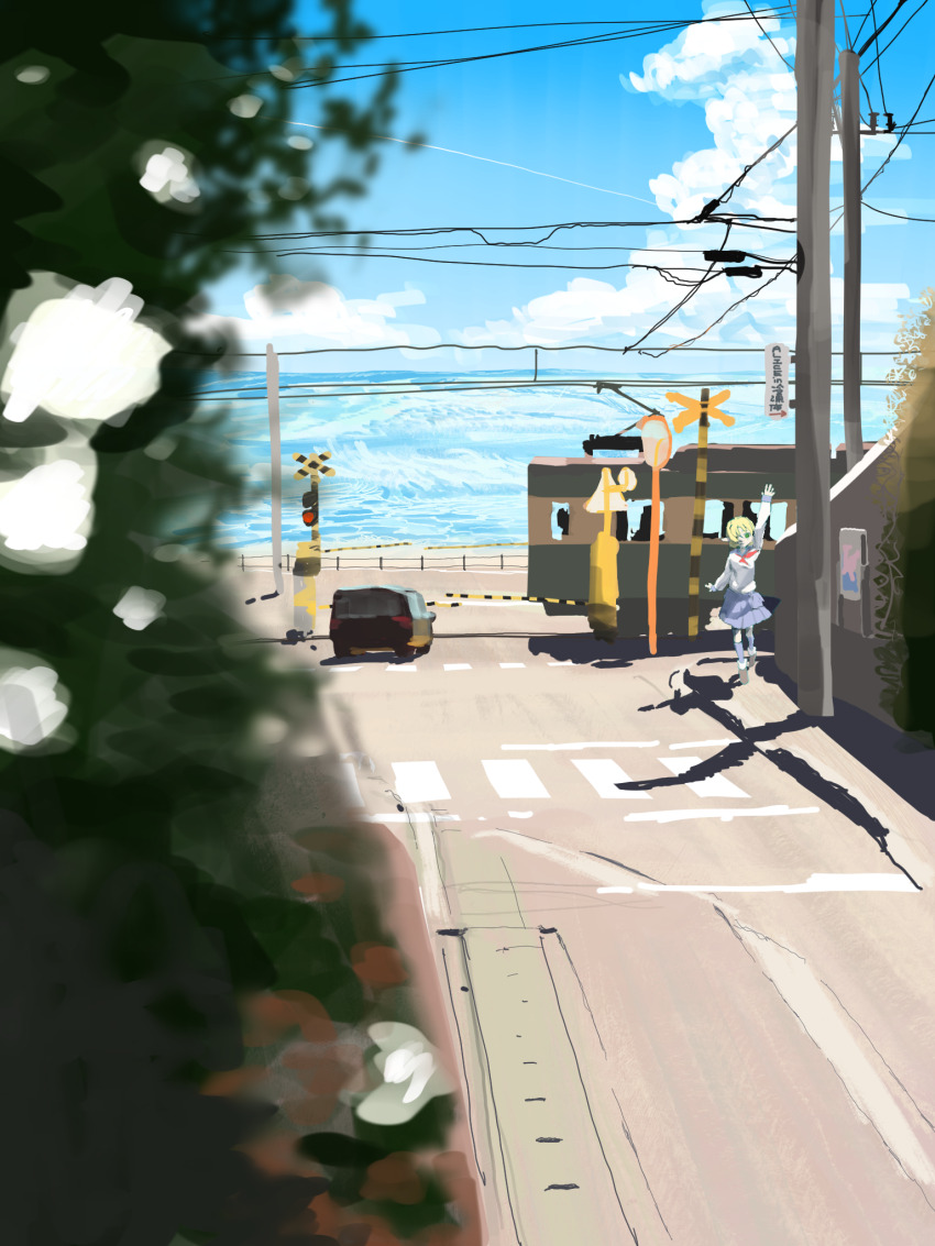 1girl arm_up blonde_hair blue_skirt blue_sky car cloud commentary_request cookie_(touhou) day full_body green_eyes highres joker_(cookie) long_sleeves looking_at_viewer mizuhashi_parsee motor_vehicle neckerchief ocean outdoors pointy_ears power_lines railroad_crossing red_neckerchief scenery school_uniform serafuku shirt short_hair skirt sky solo standing streetcar touhou waves white_shirt whiterolo wide_shot