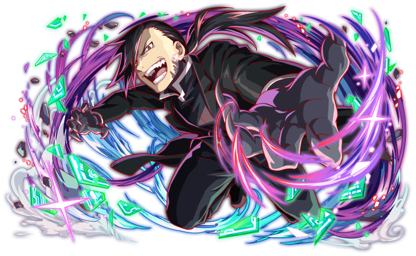 anime_coloring artist_request black_coat black_collar black_footwear black_hair black_pants black_shirt black_sleeves broken_glass claws coat collar collared_coat collared_shirt crash_fever foreshortening full_body fullmetal_alchemist game_cg glass greed_(fma) grey_claws light_particles ling_yao looking_at_viewer low_ponytail nose number_print numbered official_art open_mouth outline pants ponytail red_eyes red_outline sharp_teeth shirt smoke solo sparkle square square_print tachi-e teeth third-party_source tongue transparent_background v-shaped_eyebrows white_trim