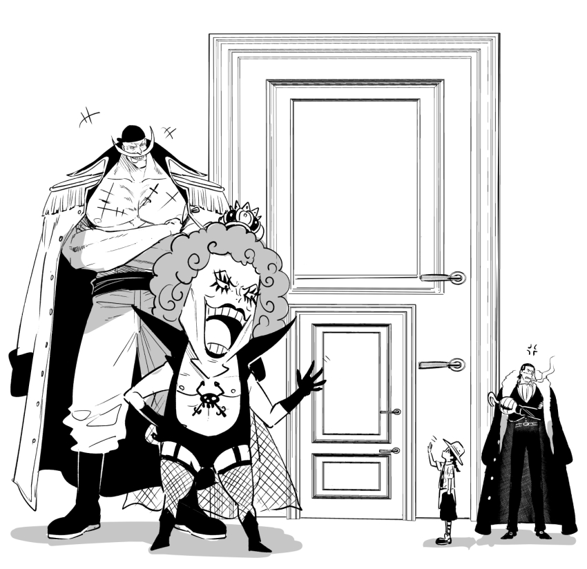 +++ 1girl 3boys anger_vein ascot bandana chest_tattoo coat coat_on_shoulders commentary_request crocodile_(one_piece) crossed_arms crown door edward_newgate emporio_ivankov epaulettes facial_hair garter_straps gloves greyscale hand_on_own_hip highres hook_hand long_mustache miss_goldenweek monochrome multiple_boys mustache one_piece open_mouth sash scar scar_on_chest smoke sukehige tattoo