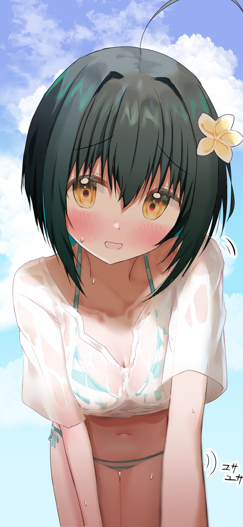 1girl 3: absurdres ashinagi_(bijutu1) bikini black_hair blush breasts cleavage flower furrowed_brow hair_flower hair_ornament heart heart-shaped_pupils highres idolmaster idolmaster_cinderella_girls kohinata_miho medium_breasts navel see-through_clothes shirt short_hair side-tie_bikini_bottom sky stomach swimsuit symbol-shaped_pupils wet wet_clothes wet_shirt white_shirt yellow_eyes