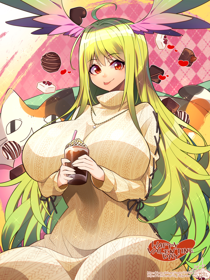 1girl :p ahoge blonde_hair breasts candy cat chocolate chocolate_heart chocolate_syrup curvy dress food gem gradient_hair green_hair hair_between_eyes hair_intakes happy_valentine heart heart-shaped_food highres huge_breasts jewelry light_particles milkshake multicolored_hair necklace original pixiv_id plaid_background red_eyes ribbed_sweater sitting sparkle sweater sweater_dress tongue tongue_out umigarasu_(kitsune1963) valentine whipped_cream white_chocolate white_dress white_gemstone