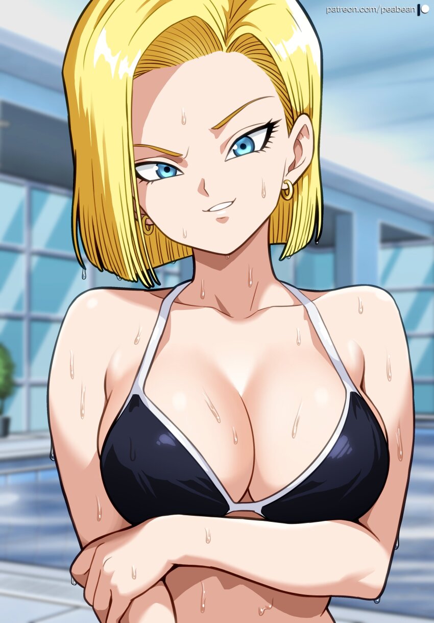 1girl absurdres android_18 bikini black_bikini blonde_hair blue_eyes blurry blurry_background breasts dragon_ball dragonball_z earrings highres jewelry large_breasts missing_commentary pea-bean pool short_hair solo swimsuit upper_body wet